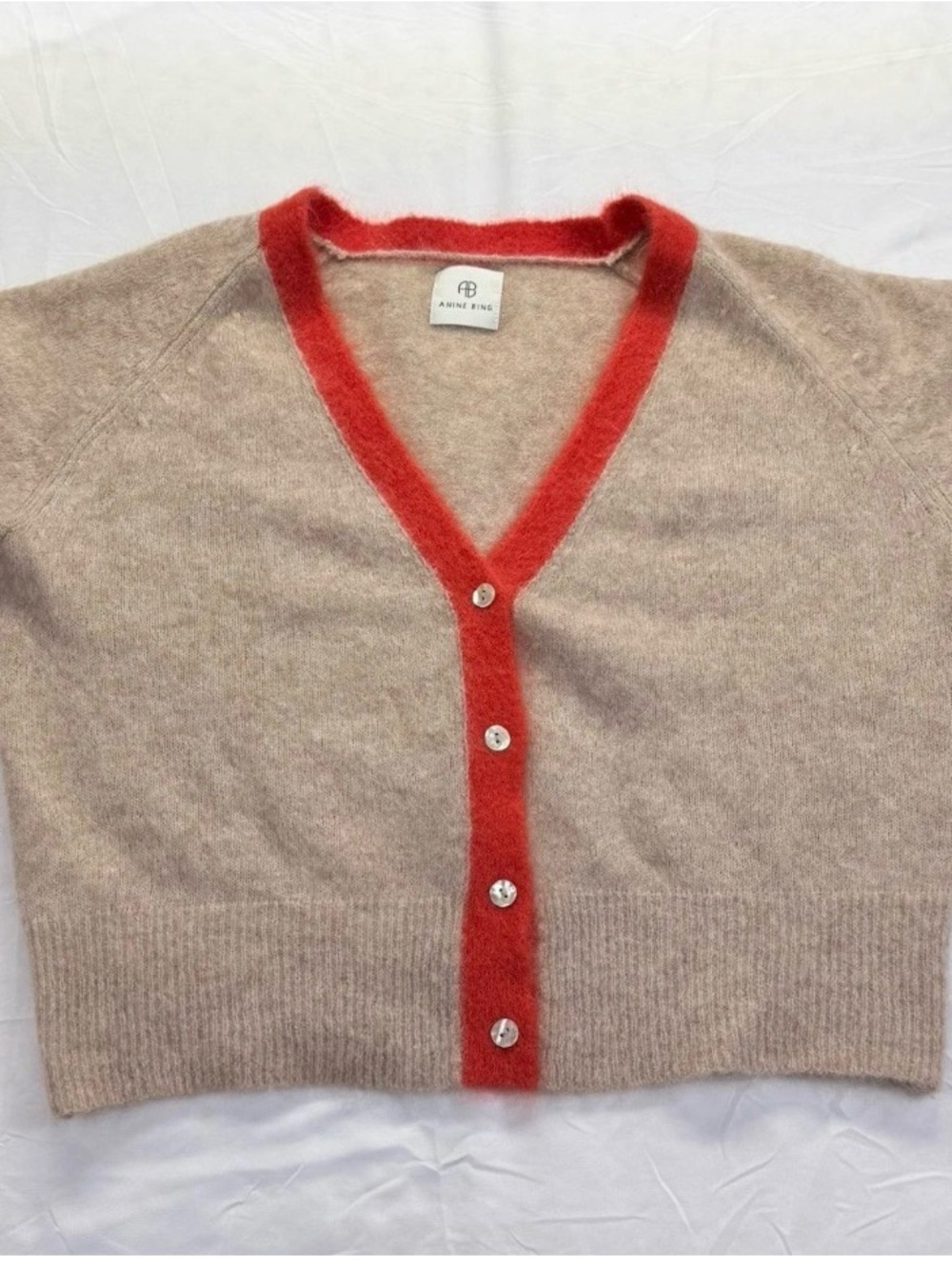 Anine Bing Mohair Cardigan with Coral-Red Trim sz L